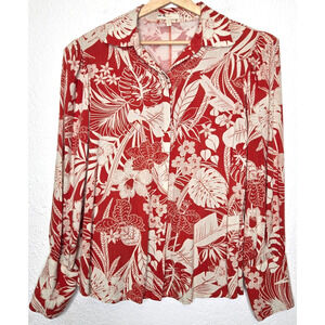 Studio F Floral‎ Top Womens Medium Orange Palm Printed Tropical Puff Sleeve Boho